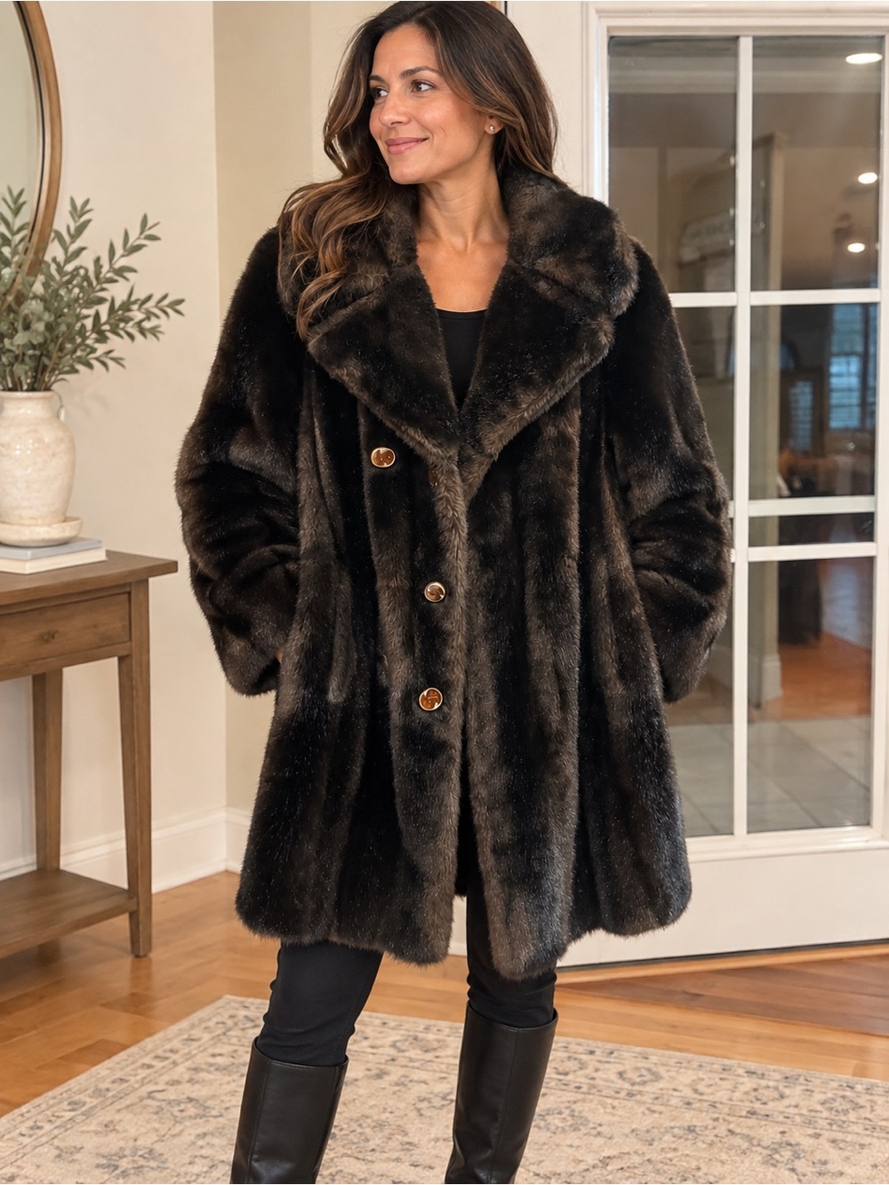 Vintage Tissavel France Faux Fur Coat Brown Plush Heavy Glam Winter Jacket M/L